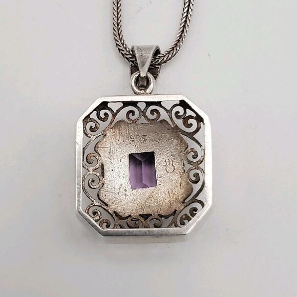 Vintage 925 Sterling Silver Art Deco Filigree Amethyst Gemstone Necklace 24" - Picture 7 of 12